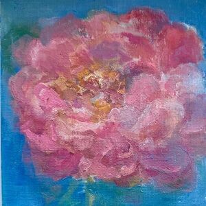 Peony original oil painting on panel in Pink and Blue